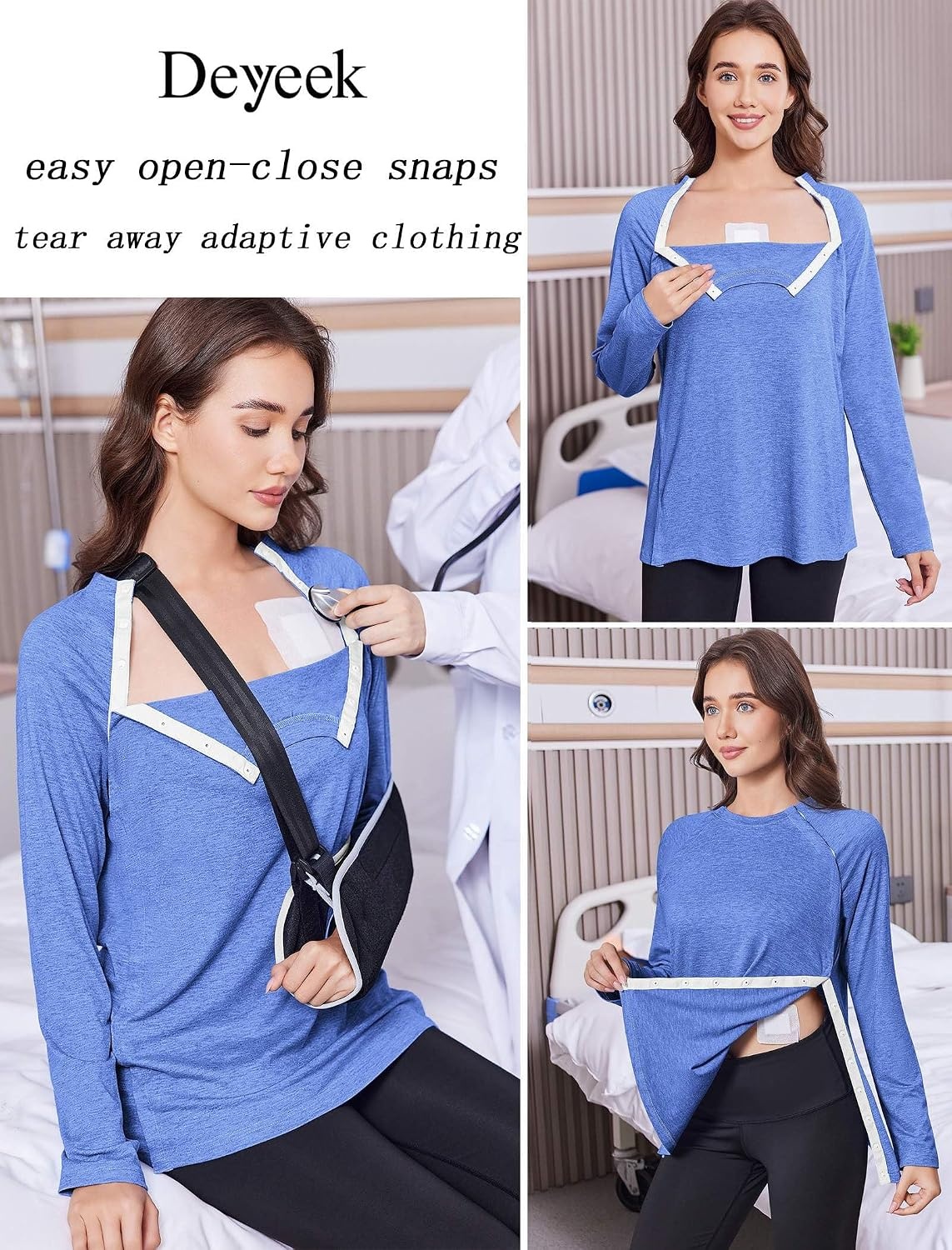 image:imageDeyeek Womens Shoulder Surgery Shirt Tear Away Side Snap Chemo Port TopBlue
