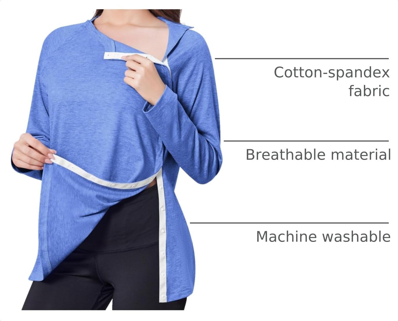 image:imageDeyeek Womens Shoulder Surgery Shirt Tear Away Side Snap Chemo Port TopBlue