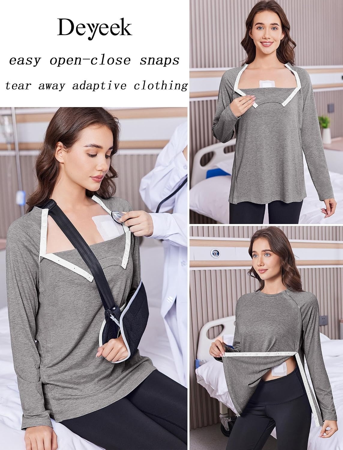image:imageDeyeek Womens Shoulder Surgery Shirt Tear Away Side Snap Chemo Port TopLight Gray