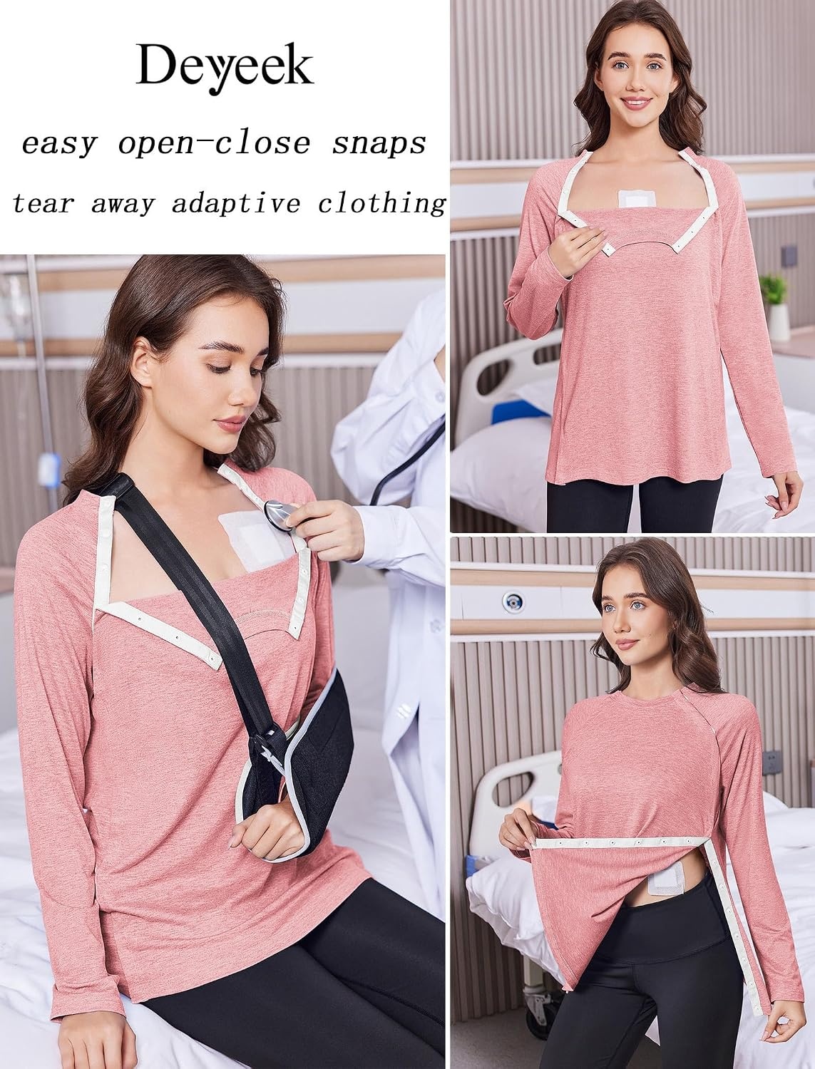 image:imageDeyeek Womens Shoulder Surgery Shirt Tear Away Side Snap Chemo Port TopPink