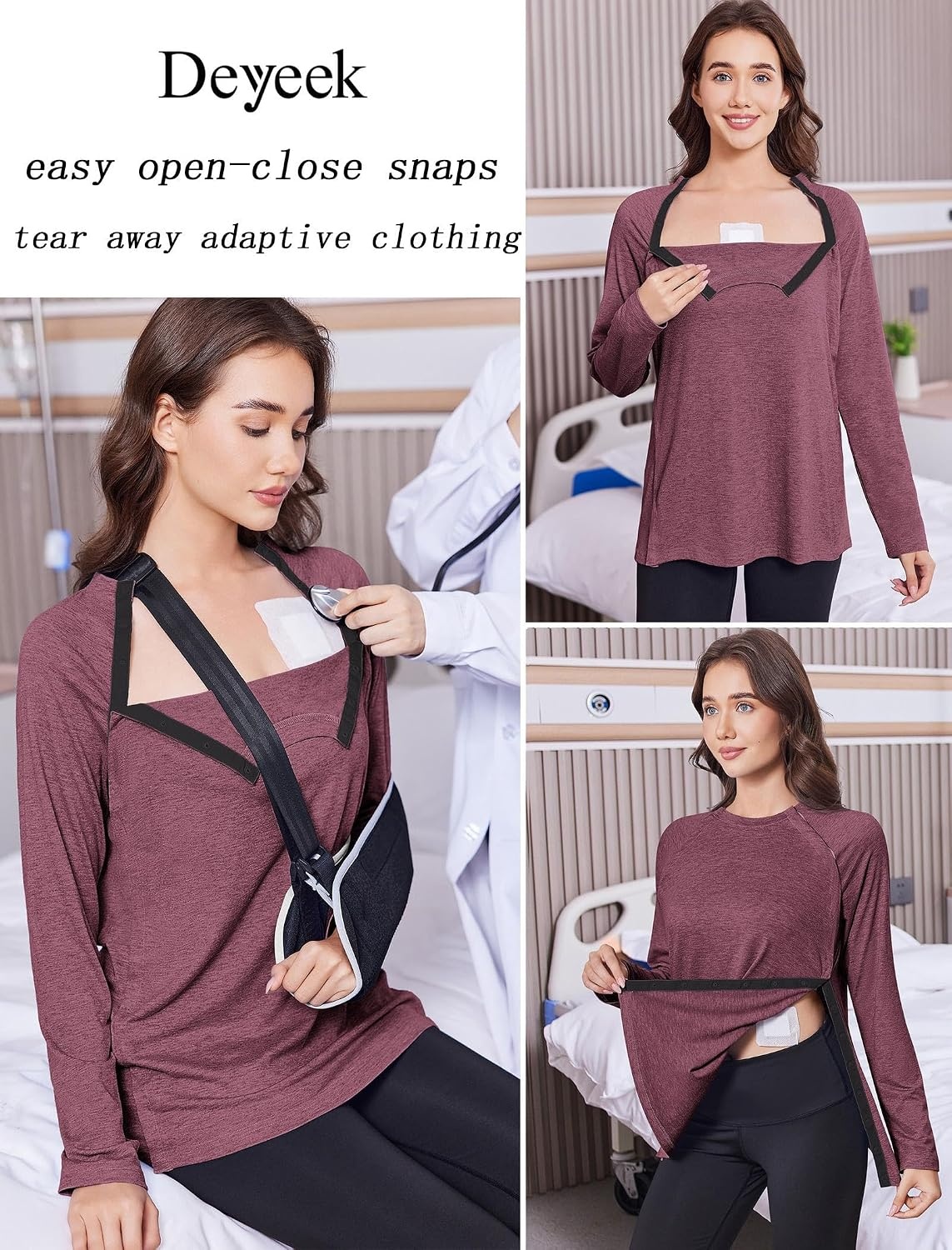 image:imageDeyeek Womens Shoulder Surgery Shirt Tear Away Side Snap Chemo Port TopRed