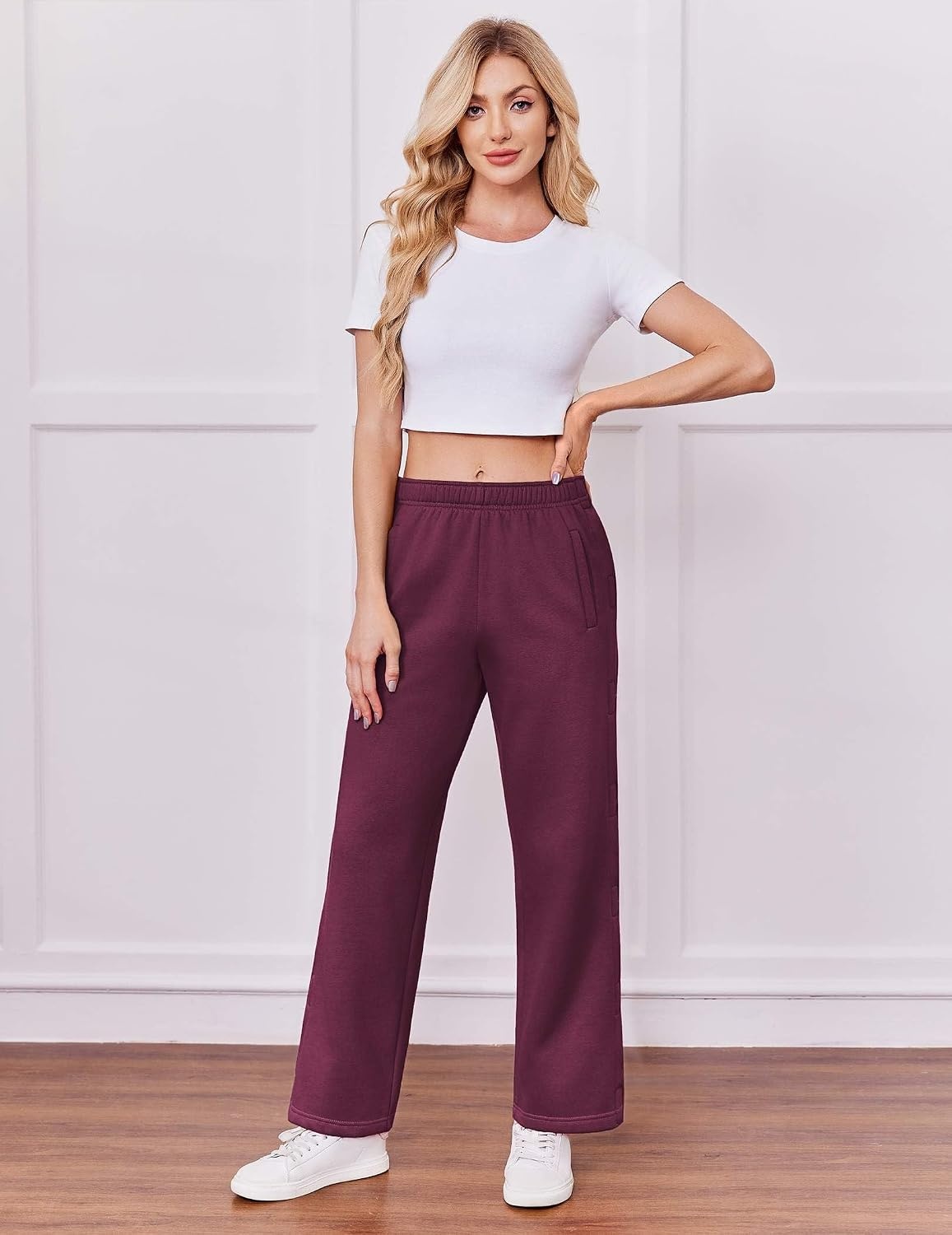 image:imageDeyeek Womens Side Open Fleece Tear Away Pants for Post SurgeryWine Red