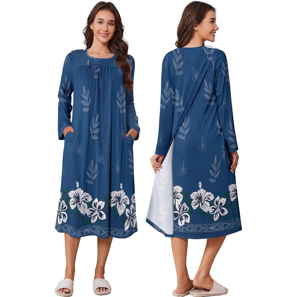 image:imageDeyeek Hospital Gowns for Women Open Back Nightgowns Elderly Adaptive DressDark Blue Print
