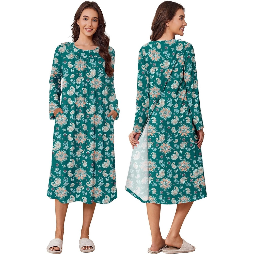 image:imageDeyeek Hospital Gowns for Women Open Back Nightgowns Elderly Adaptive DressDeep Green Print