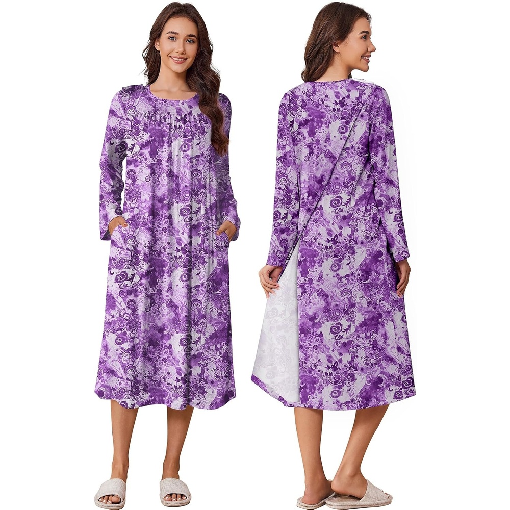 image:imageDeyeek Hospital Gowns for Women Open Back Nightgowns Elderly Adaptive DressDeep Purple Print