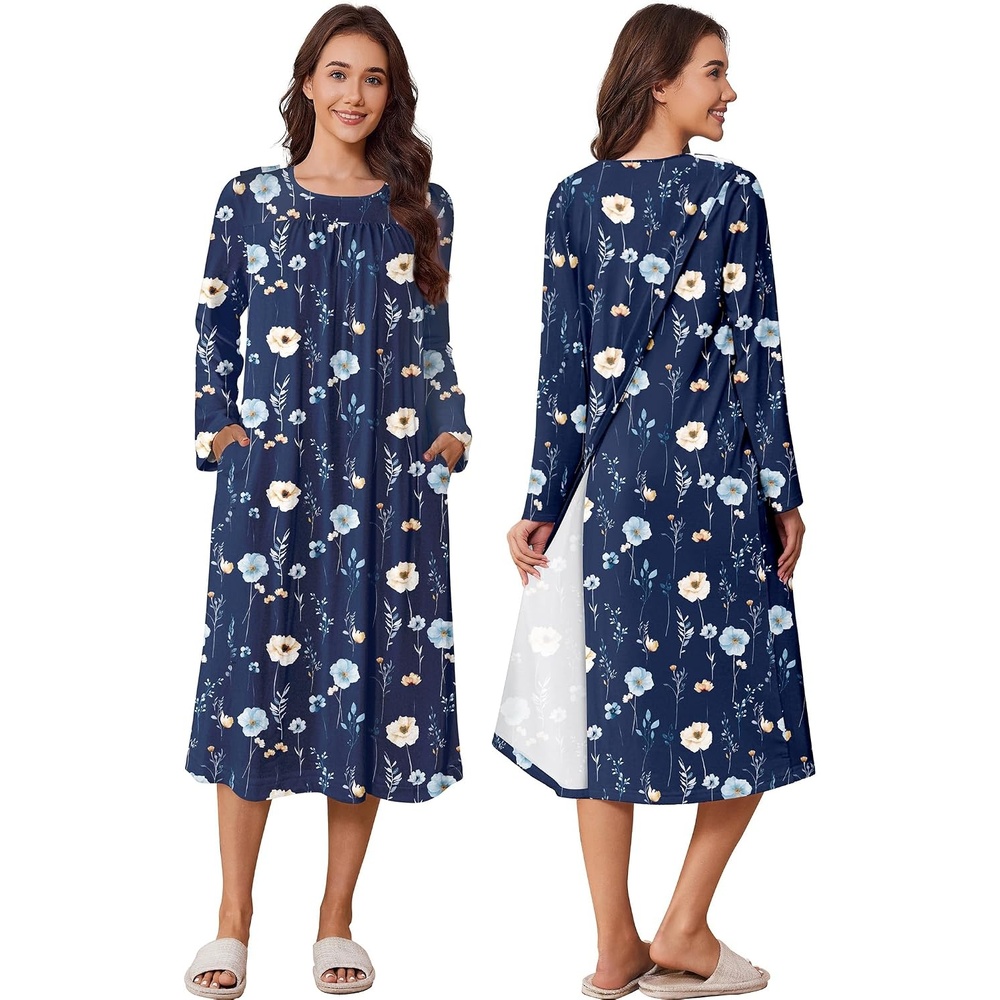 image:imageDeyeek Hospital Gowns for Women Open Back Nightgowns Elderly Adaptive DressNavy Print