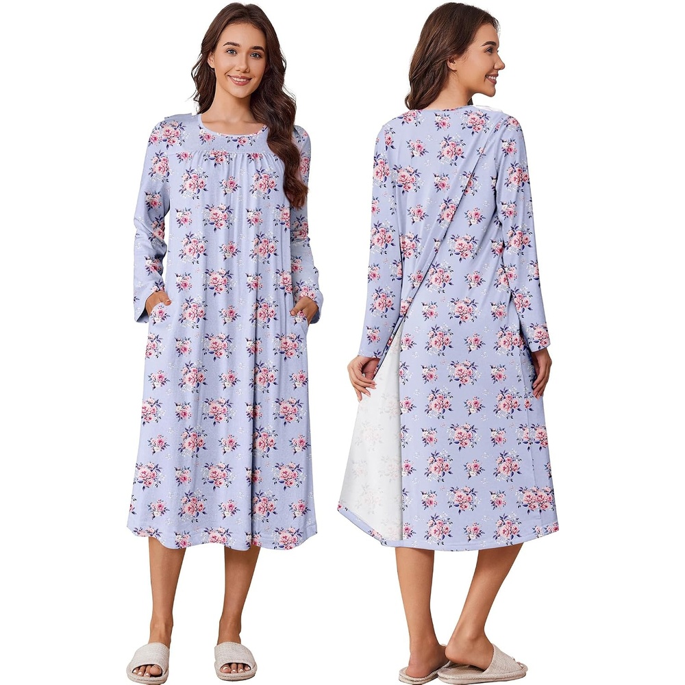image:imageDeyeek Hospital Gowns for Women Open Back Nightgowns Elderly Adaptive DressPurple Flower Print