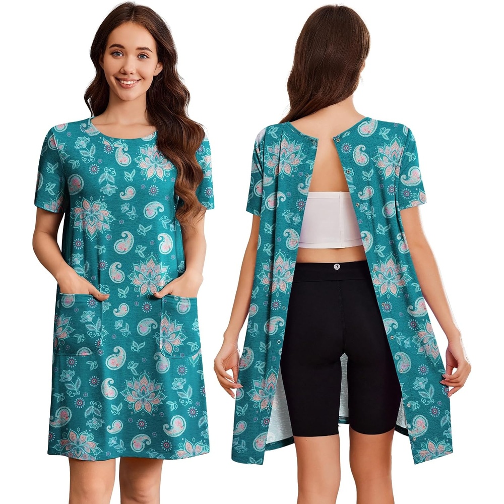 image:imageDeyeek Hospital Gowns for Women Open Back Tear Away Snap Nursing DressDark Green Print