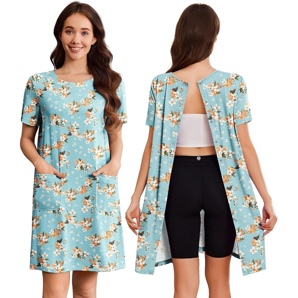 image:imageDeyeek Hospital Gowns for Women Open Back Tear Away Snap Nursing DressGreen Print