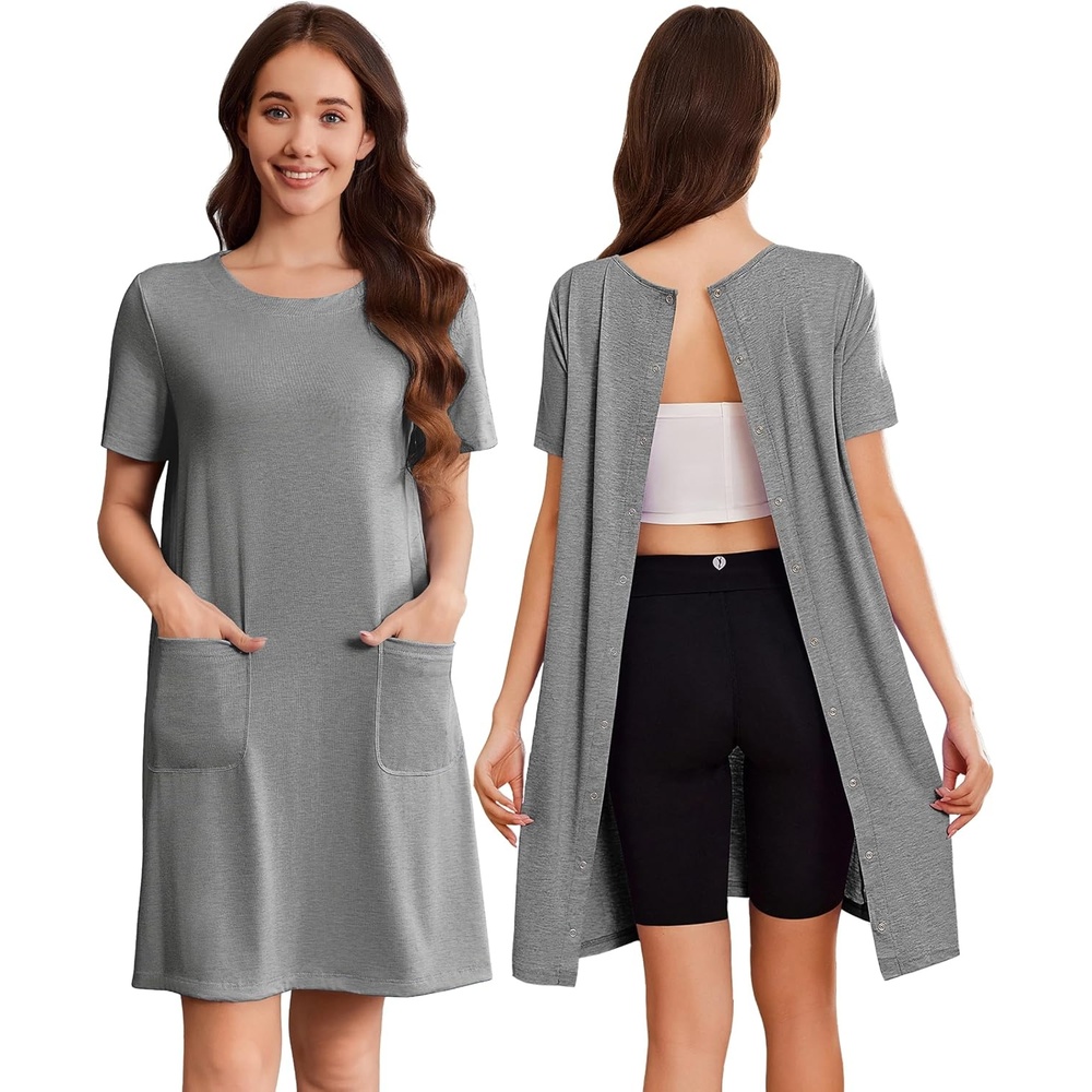 image:imageDeyeek Hospital Gowns for Women Open Back Tear Away Snap Nursing DressLight Gray