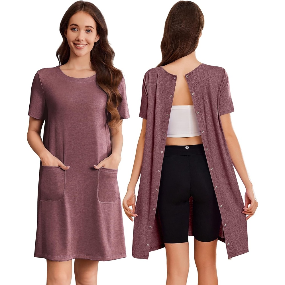 image:imageDeyeek Hospital Gowns for Women Open Back Tear Away Snap Nursing DressRed