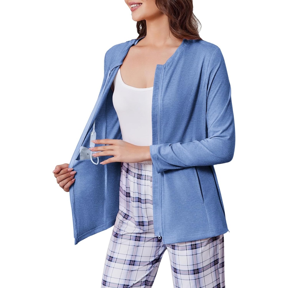 image:imageDeyeek Mastectomy Shirts with Drain Pockets Post Shoulder Surgery Tops for Women Chemo Port Long Sleeve with ZippersBlue