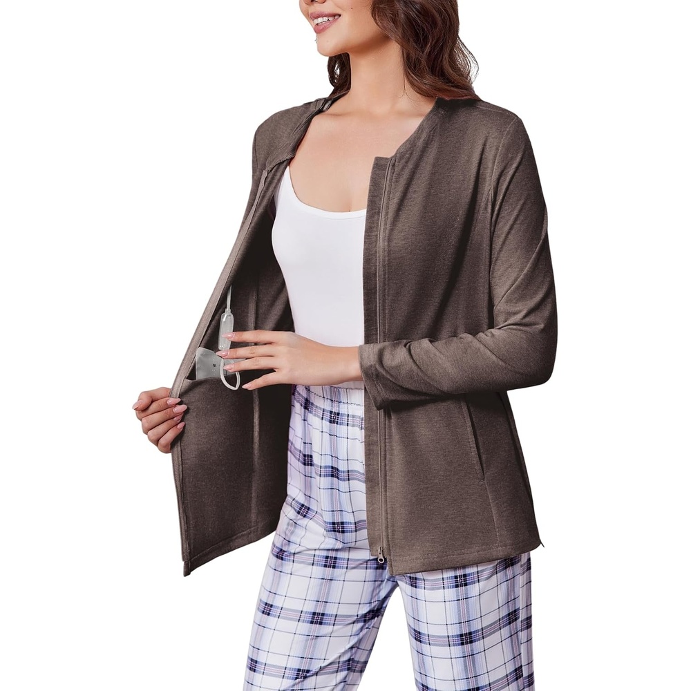 image:imageDeyeek Mastectomy Shirts with Drain Pockets Post Shoulder Surgery Tops for Women Chemo Port Long Sleeve with ZippersChestnut Brown