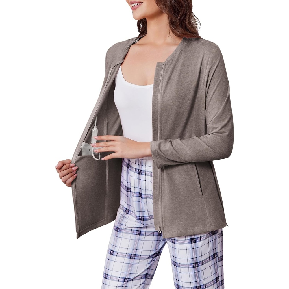 image:imageDeyeek Mastectomy Shirts with Drain Pockets Post Shoulder Surgery Tops for Women Chemo Port Long Sleeve with ZippersTaupe Grey