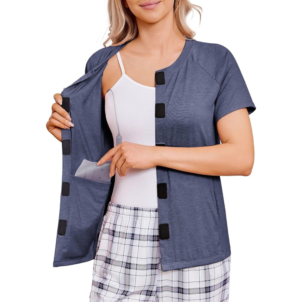 image:imageDeyeek Mastectomy Shirts with Drain Pockets for Women Short Sleeve ShirtBlue Purple
