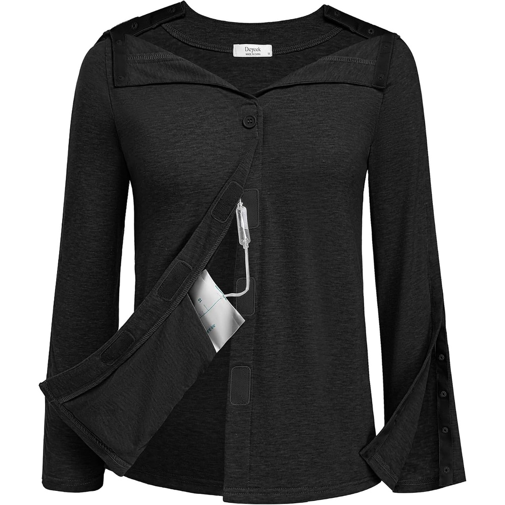 image:imageDeyeek Womens Mastectomy Shirts with Drain Pockets Shoulder Surgery TopsBlack