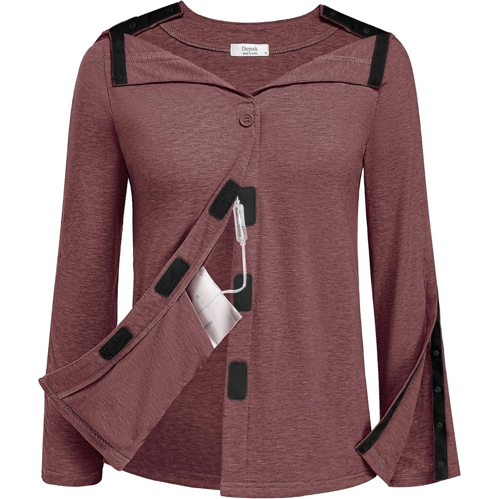 image:imageDeyeek Womens Mastectomy Shirts with Drain Pockets Shoulder Surgery TopsDark Red
