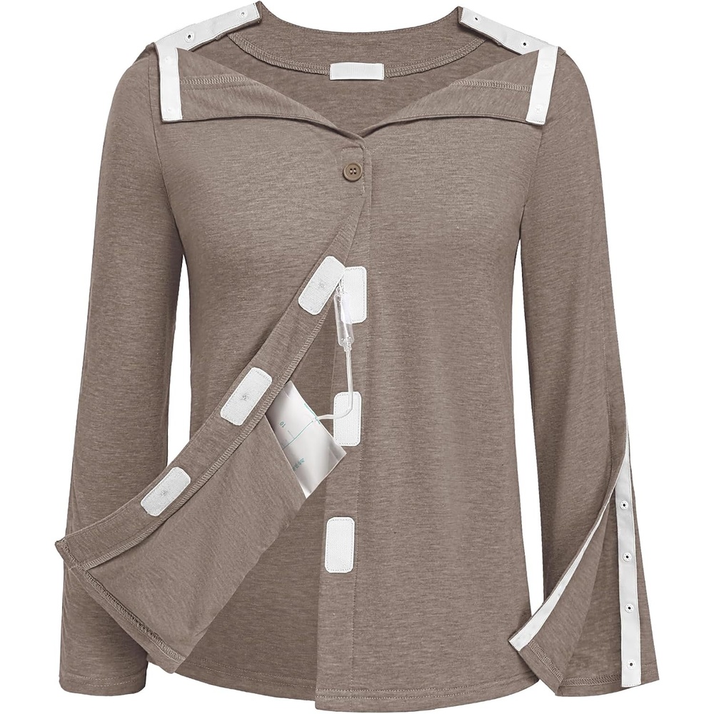 image:imageDeyeek Womens Mastectomy Shirts with Drain Pockets Shoulder Surgery TopsLight Brown