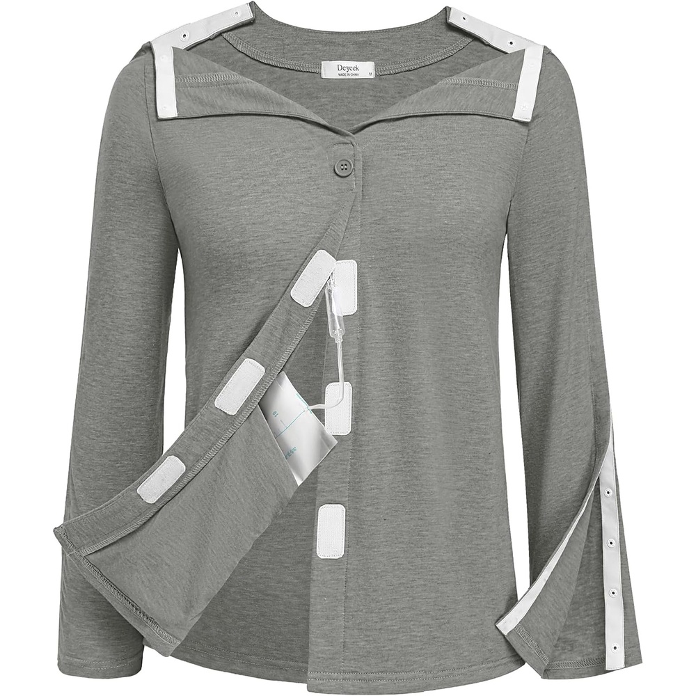 image:imageDeyeek Womens Mastectomy Shirts with Drain Pockets Shoulder Surgery TopsLight Gray