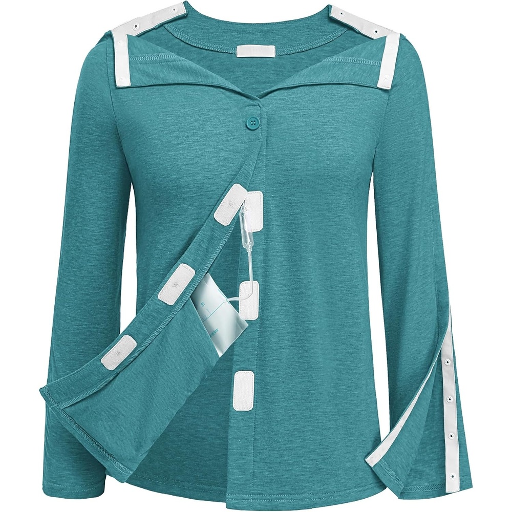 image:imageDeyeek Womens Mastectomy Shirts with Drain Pockets Shoulder Surgery TopsPeacock Blue