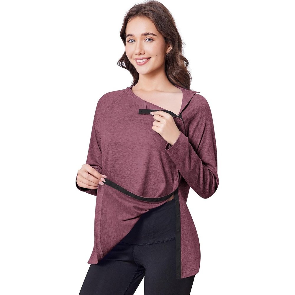 image:imageDeyeek Womens Shoulder Surgery Shirt Tear Away Side Snap Chemo Port TopRed