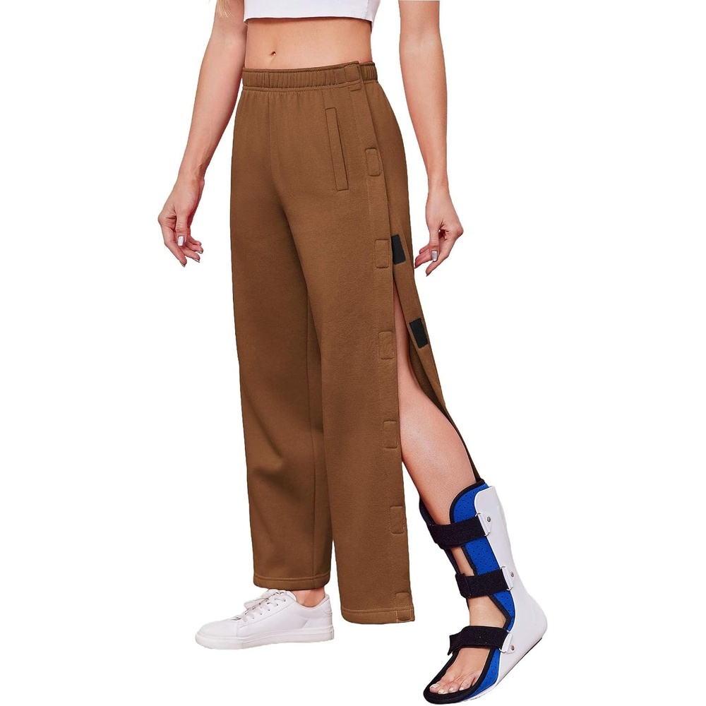 image:imageDeyeek Womens Side Open Fleece Tear Away Pants for Post SurgeryBrown