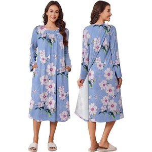 Deyeek Hospital Gowns for Women Open Back Nightgowns Elderly Adaptive Dress(Blue Print)