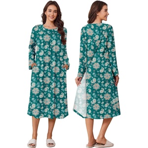 Deyeek Hospital Gowns for Women Open Back Nightgowns Elderly Adaptive Dress(Deep Green Print)