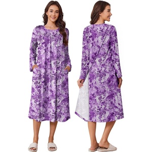 Deyeek Hospital Gowns for Women Open Back Nightgowns Elderly Adaptive Dress(Deep Purple Print)