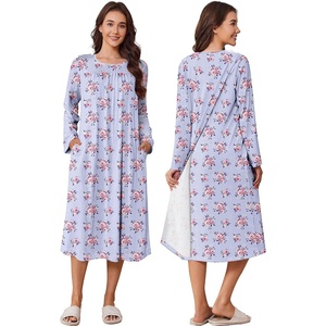 Deyeek Hospital Gowns for Women Open Back Nightgowns Elderly Adaptive Dress(Purple Flower Print)