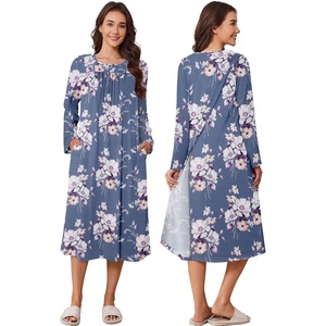 Deyeek Hospital Gowns for Women Open Back Nightgowns Elderly Adaptive Dress(Purple Print)