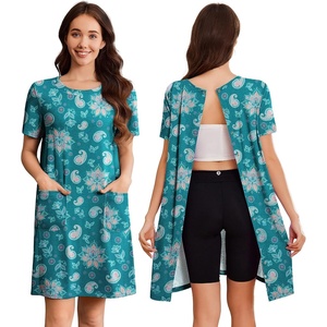 Deyeek Hospital Gowns for Women Open Back Tear Away Snap Nursing Dress(Dark Green Print)