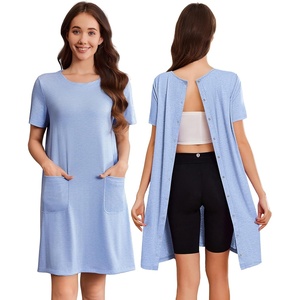 Deyeek Hospital Gowns for Women Open Back Tear Away Snap Nursing Dress(Light Blue)