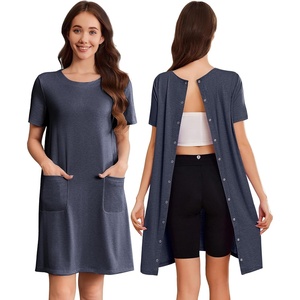 Deyeek Hospital Gowns for Women Open Back Tear Away Snap Nursing Dress(Navy)