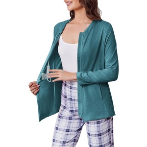 Deyeek Mastectomy Shirts with Drain Pockets Post Shoulder Surgery Tops for Women Chemo Port Long Sleeve with Zippers(Peacock Blue)
