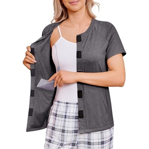 Deyeek Mastectomy Shirts with Drain Pockets for Women Short Sleeve Shirt(Dark Gray)