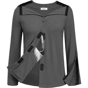 Deyeek Women’s Mastectomy Shirts with Drain Pockets Shoulder Surgery Tops(Dark Gray)