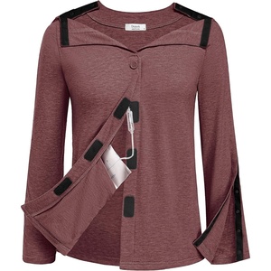 Deyeek Women’s Mastectomy Shirts with Drain Pockets Shoulder Surgery Tops(Dark Red)