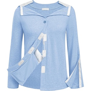Deyeek Women’s Mastectomy Shirts with Drain Pockets Shoulder Surgery Tops(Light Blue)