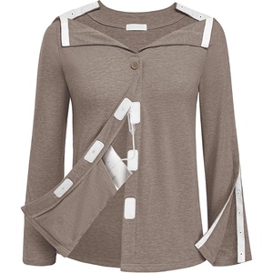 Deyeek Women’s Mastectomy Shirts with Drain Pockets Shoulder Surgery Tops(Light Brown)