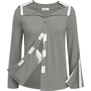 Deyeek Women’s Mastectomy Shirts with Drain Pockets Shoulder Surgery Tops(Light Gray)