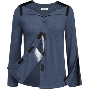 Deyeek Women’s Mastectomy Shirts with Drain Pockets Shoulder Surgery Tops(Navy Blue)