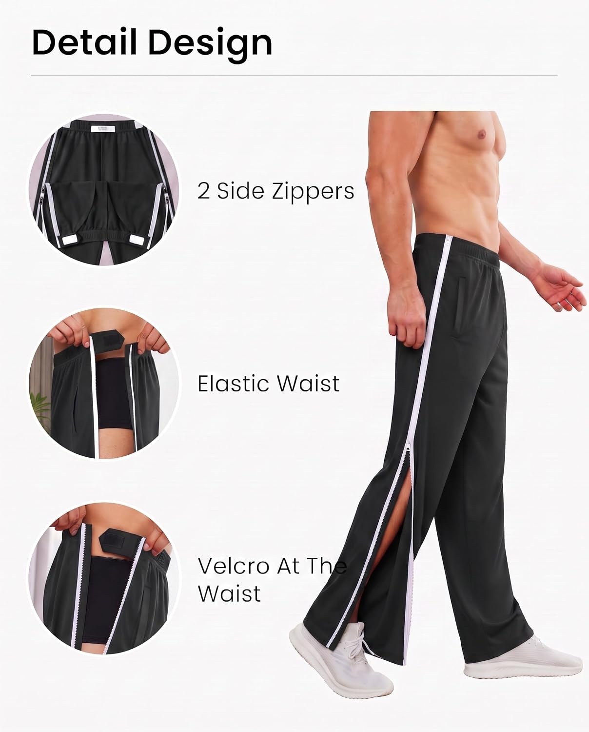image:imageDeyeek Tear Away Pants for Men Post Surgery 2 Side Zippers SweatpantsBlack