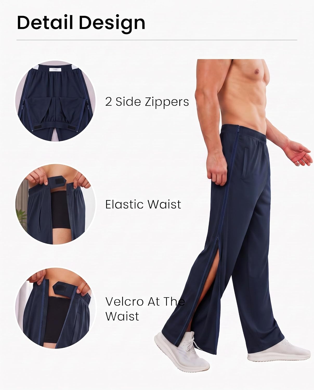 image:imageDeyeek Tear Away Pants for Men Post Surgery 2 Side Zippers SweatpantsBlue