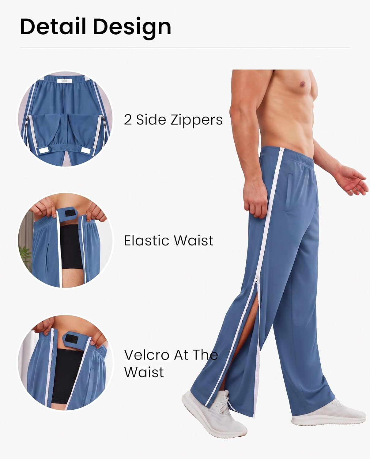 image:imageDeyeek Tear Away Pants for Men Post Surgery 2 Side Zippers SweatpantsBlue Gray