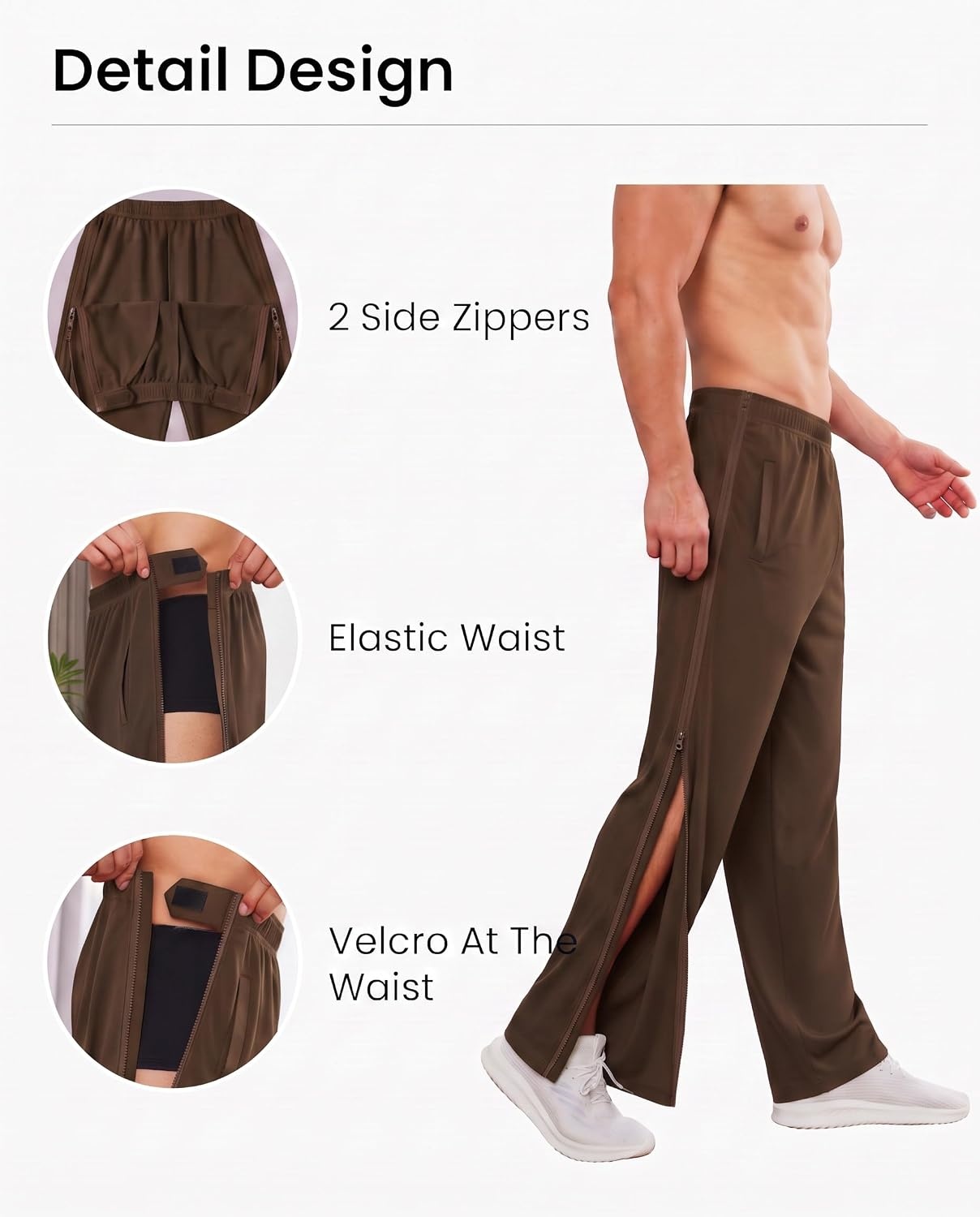 image:imageDeyeek Tear Away Pants for Men Post Surgery 2 Side Zippers SweatpantsBrown
