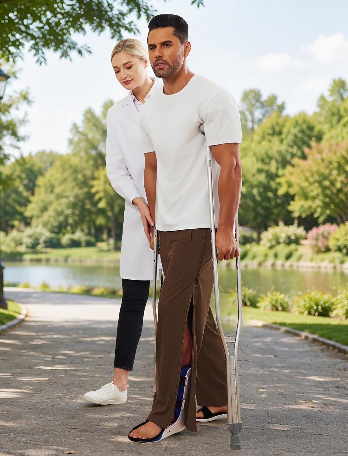 image:imageDeyeek Tear Away Pants for Men Post Surgery 2 Side Zippers SweatpantsBrown