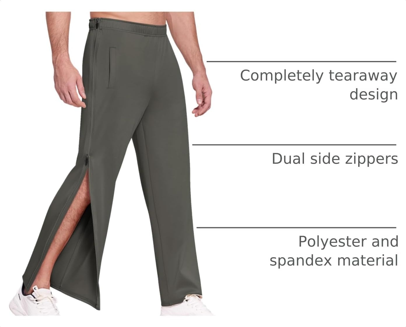 image:imageDeyeek Tear Away Pants for Men Post Surgery 2 Side Zippers SweatpantsDark Gray