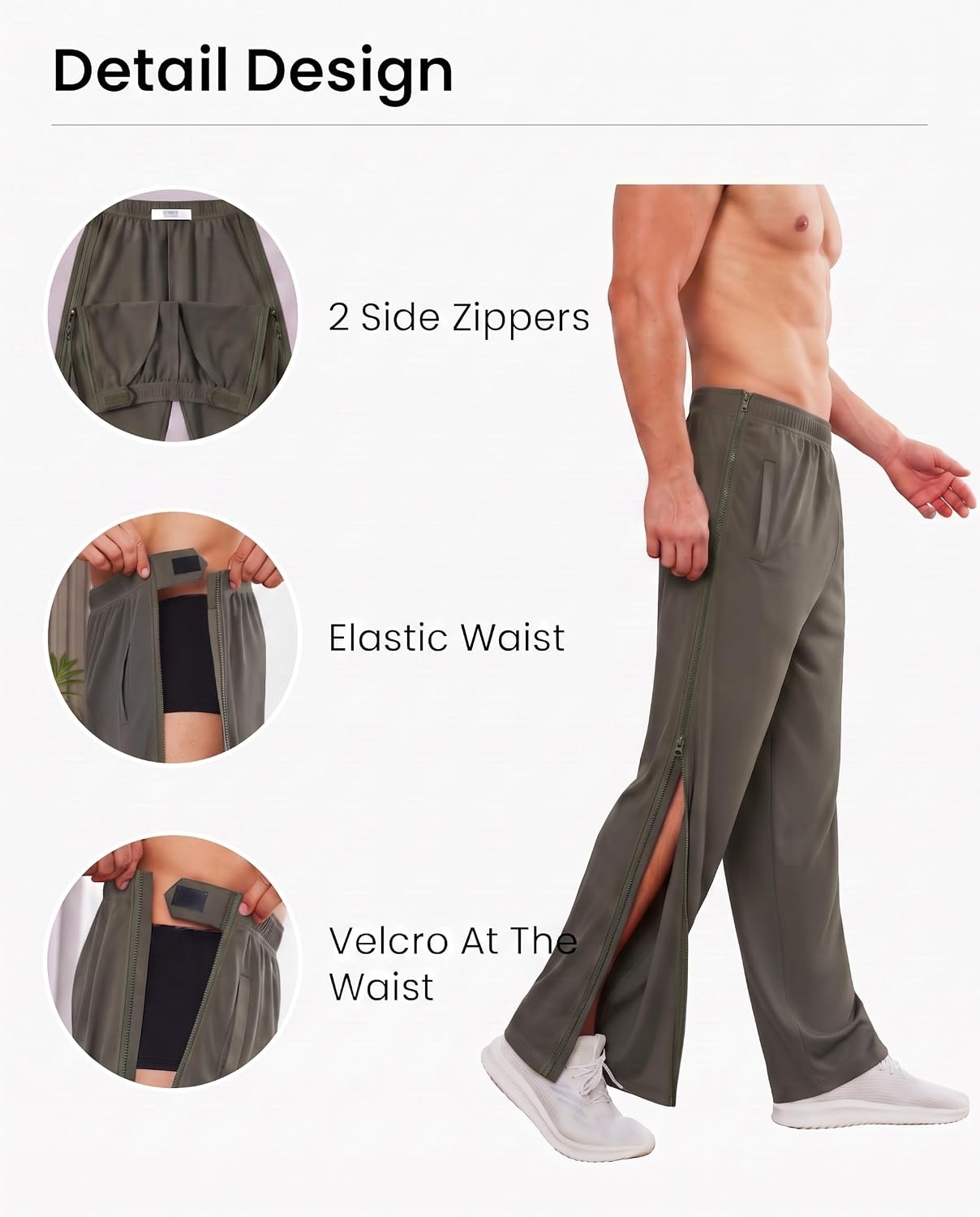 image:imageDeyeek Tear Away Pants for Men Post Surgery 2 Side Zippers SweatpantsDark Gray