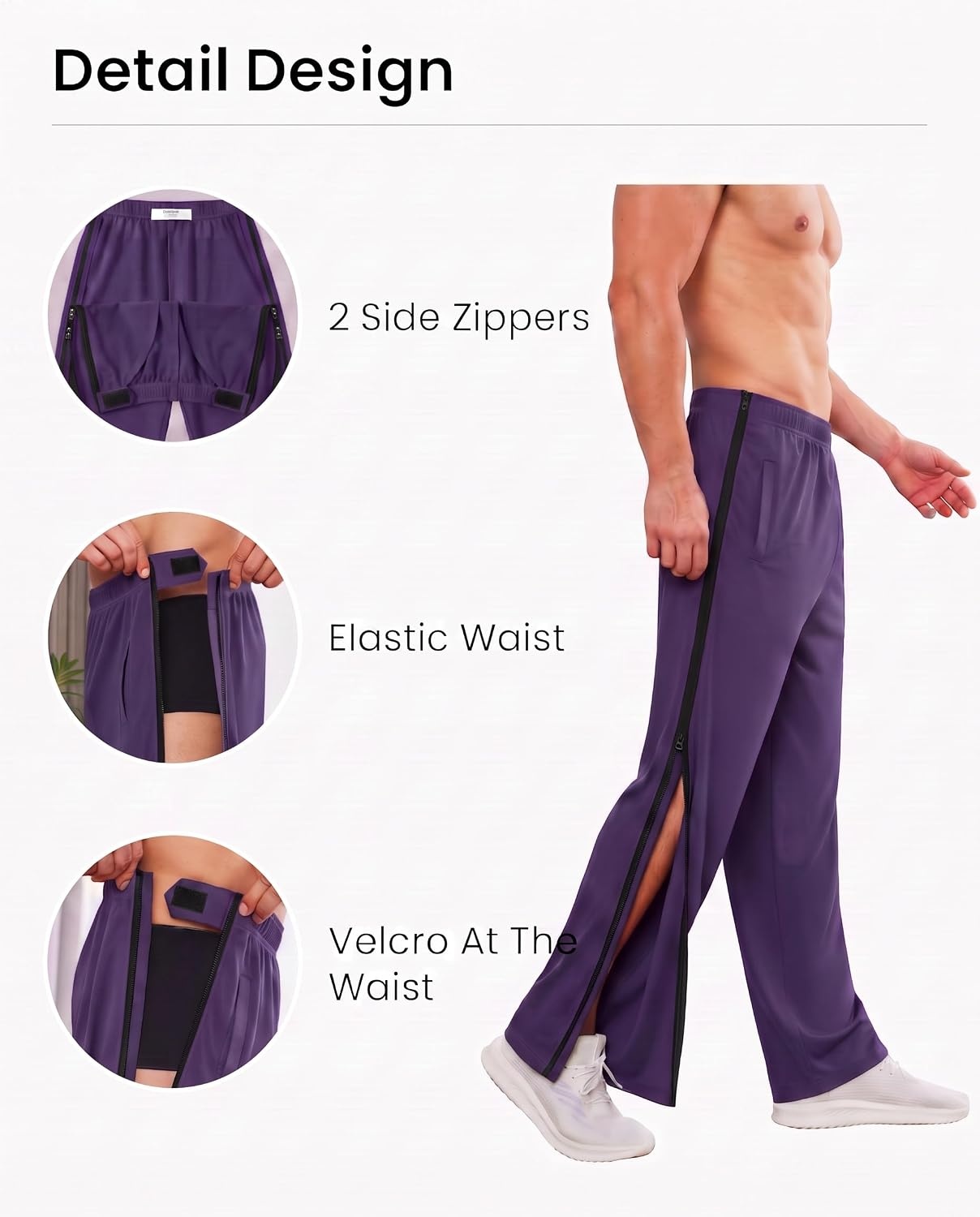 image:imageDeyeek Tear Away Pants for Men Post Surgery 2 Side Zippers SweatpantsDark Purple